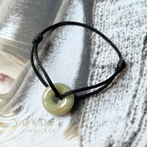 A-Grade Natural Yellowish Green Jadeite Bagel on Infinity Silk Cord Bracelet No.190406