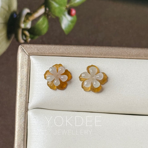 2.65 cts Icy A-Grade Natural Yellow/White Jadeite Jasmine Flower Pair No. 180924