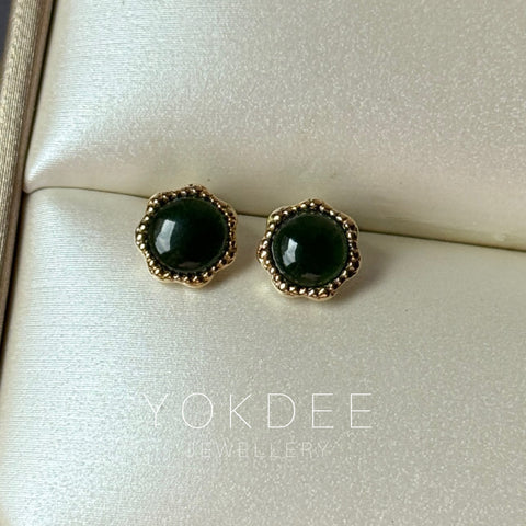 A-Grade Natural Dark Bluish Green Jadeite Flower Stud Earring No. 180874