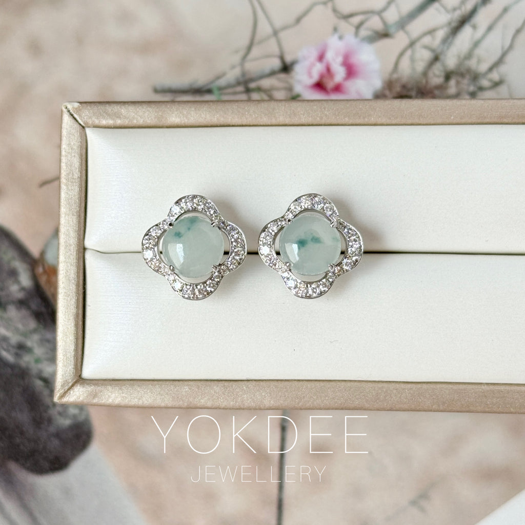 A-Grade Natural Floral Jadeite Cabochon Clover Stud Earring No. 180926
