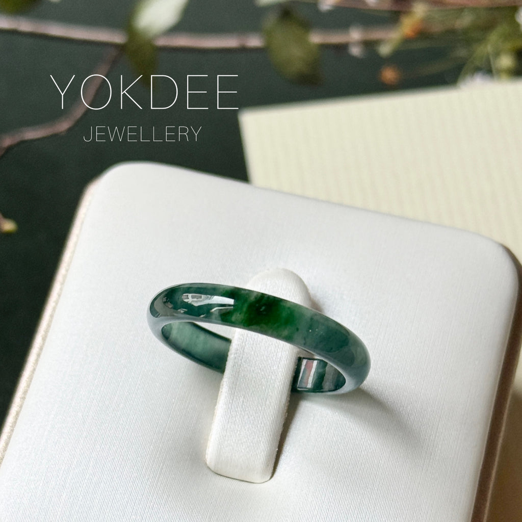 18.7mm Icy A-Grade Natural Dark Bluish Green Jadeite Slim Cut Ring Band No. 162634