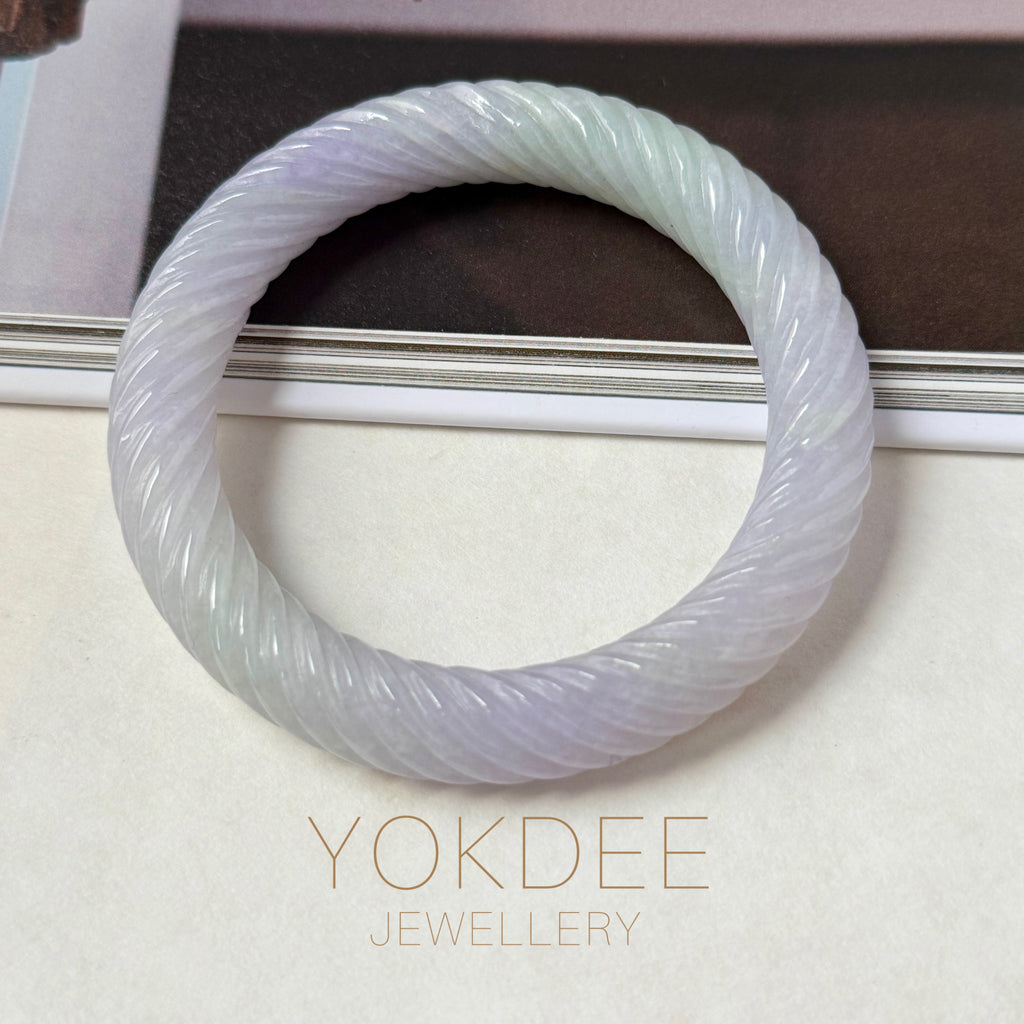 57.3mm A-Grade Natural Lavender Green Jadeite Traditional Round Bangle With Rope Carving No.151876