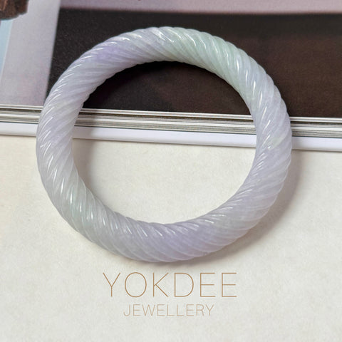 57.3mm A-Grade Natural Lavender Green Jadeite Traditional Round Bangle With Rope Carving No.151876