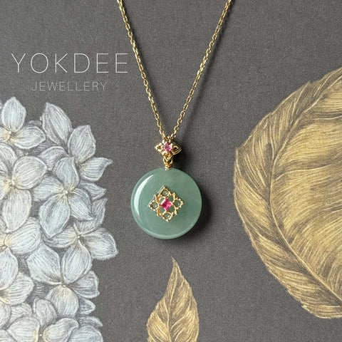 A-Grade Natural Greenish Blue Jadeite Donut Peranakan Tile Pendant No.172639