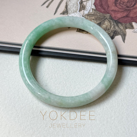 57.2mm A-Grade Natural Moss On Snow Jadeite Traditional Round Bangle No.152069