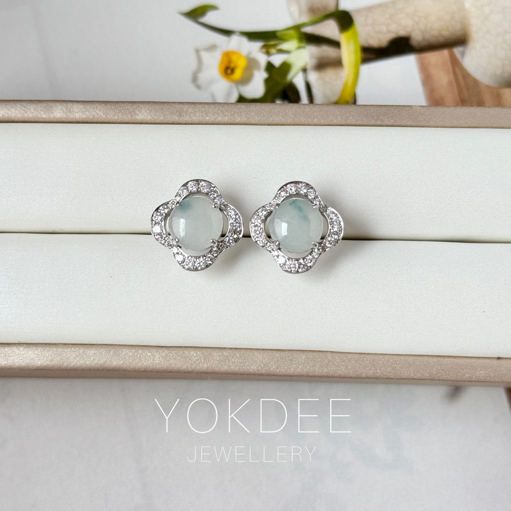 A-Grade Natural Floral Jadeite Cabochon Clover Stud Earring No. 180927