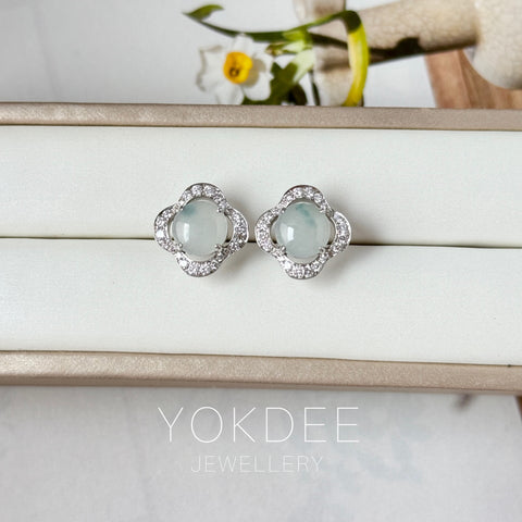 A-Grade Natural Floral Jadeite Cabochon Clover Stud Earring No. 180927