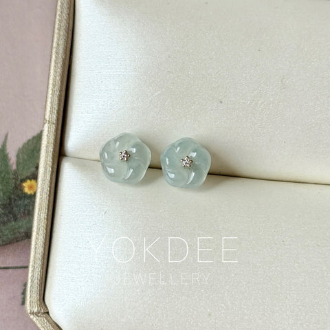 Icy A-Grade Natural Light Blue Jadeite Frangipani Flower Stud Earring No. 180915