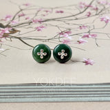 A-Grade Natural Dark Bluish Green Jadeite Donut Stud Earrings (Lilac Flower) No. 180827