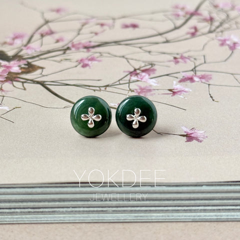 A-Grade Natural Dark Bluish Green Jadeite Donut Stud Earrings (Lilac Flower) No. 180827