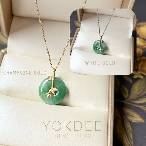 A-Grade Green Floral Imperial Green Jadeite Donut Bamboo Pendant (Dual Gold Tone) No.172611