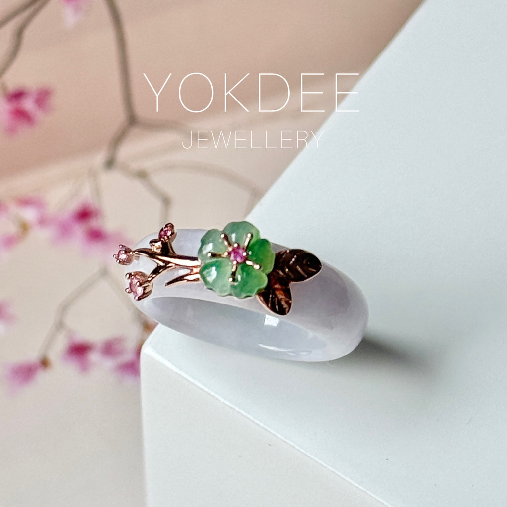 15.1mm A-Grade Natural Lavender Jadeite Joseon Ring (Moss On Snow Sakura Flower) No.162662
