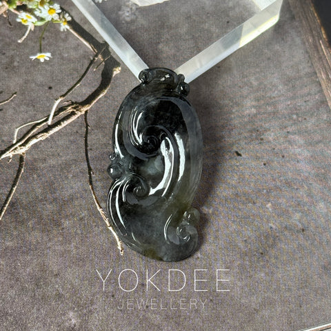 Icy A-Grade Black Jadeite Ruyi Pendant No. 172718