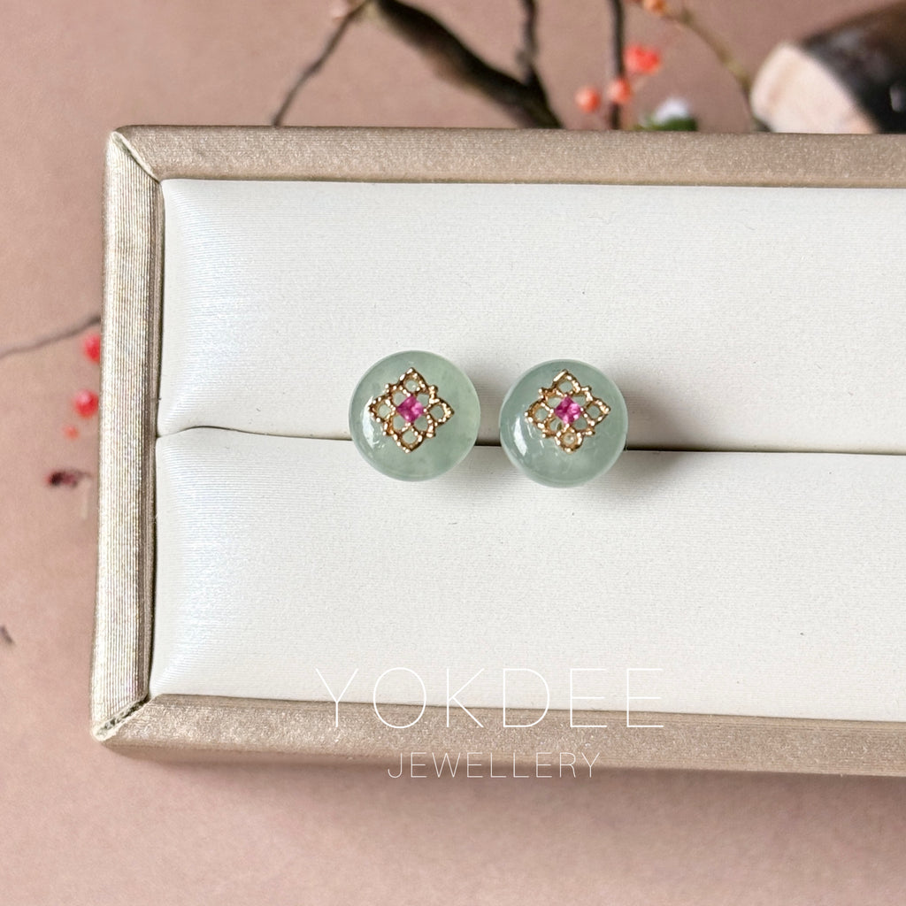 Icy A-Grade Natural Steel Blue Jadeite Donut Peranakan Tile Stud Earrings No. 180938