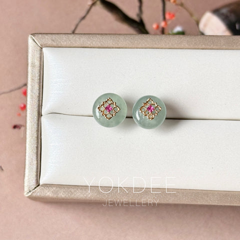 Icy A-Grade Natural Steel Blue Jadeite Donut Peranakan Tile Stud Earrings No. 180938
