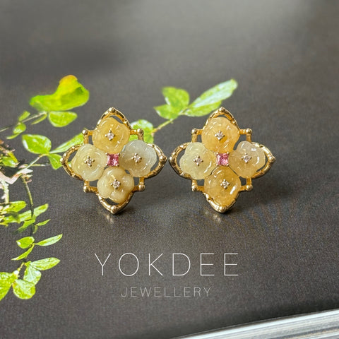 A-Grade Natural Yellow Jadeite Osmantus Flower Stud Earring No. 180882