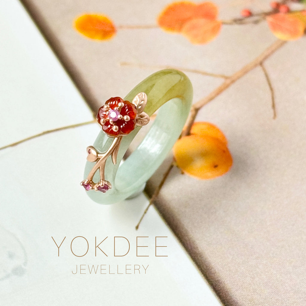 17.1mm A-Grade Natural Bluish Floral Yellow Jadeite Joseon Ring (Red Sakura Flower) No.162578