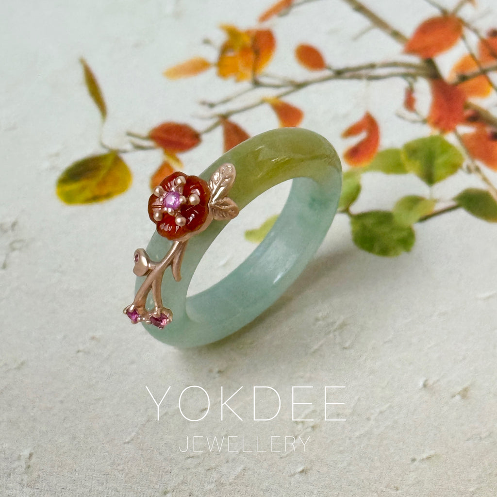 17.2mm A-Grade Natural Bluish Floral Yellow Jadeite Joseon Ring (Red Sakura Flower) No.162581