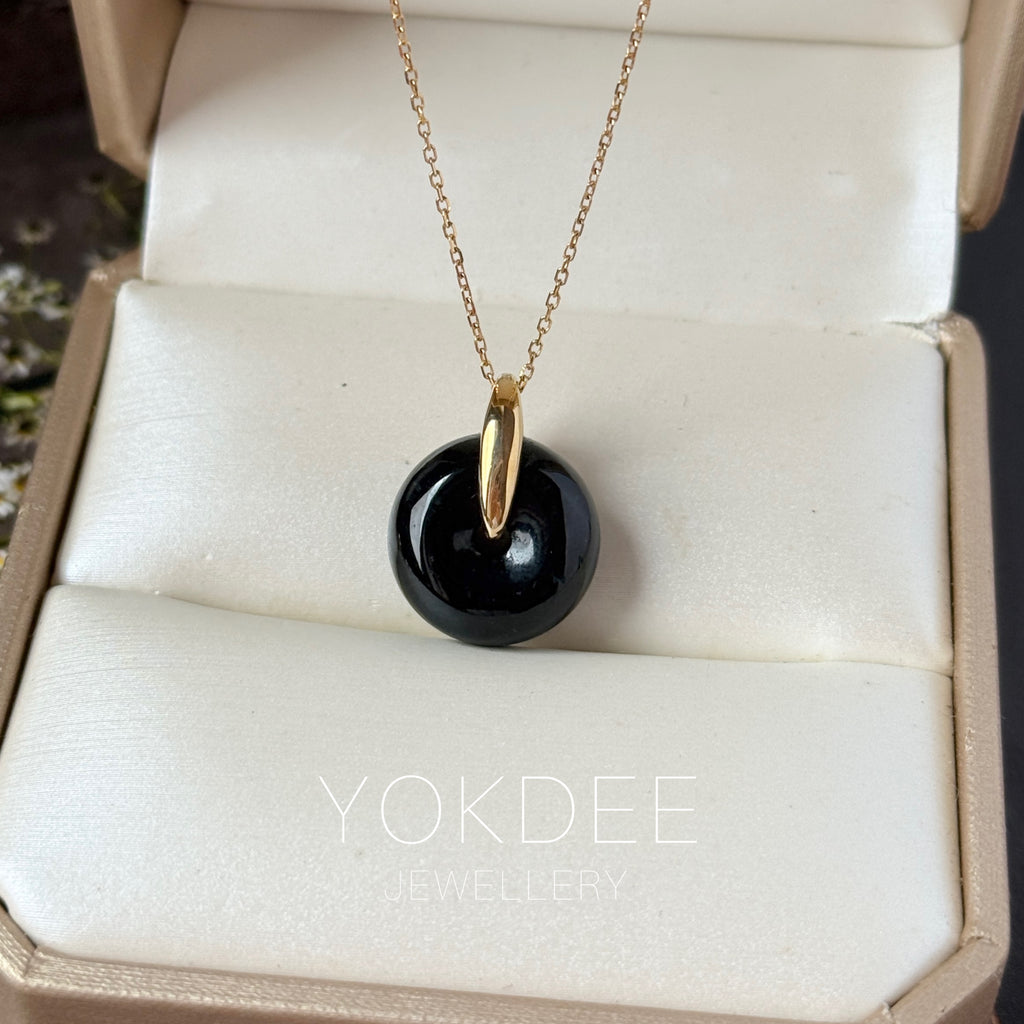 A-Grade Natural Black Jadeite Bagel Pendant (Gold Drop Bail) No. 172852