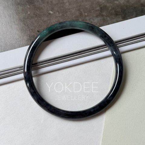 55.1mm A-Grade Natural Black Imperial Green Jadeite Traditional Round Slim Cut Bangle No. 152177