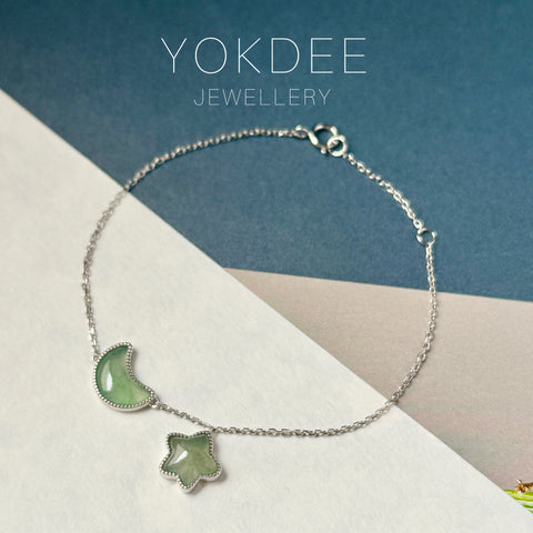 Icy A-Grade Natural Light Green Jadeite Moon and Star Bracelet No.190487