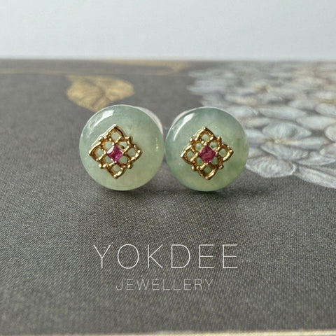 A-Grade Natural Greenish Blue Jadeite Donut Peranakan Tile Earring No.180859