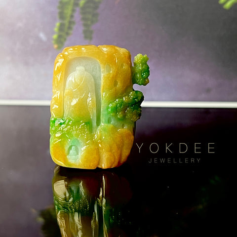 A-Grade Natural Green & Yellow Jadeite Ancient Ruins Pendant/ Display No.172134