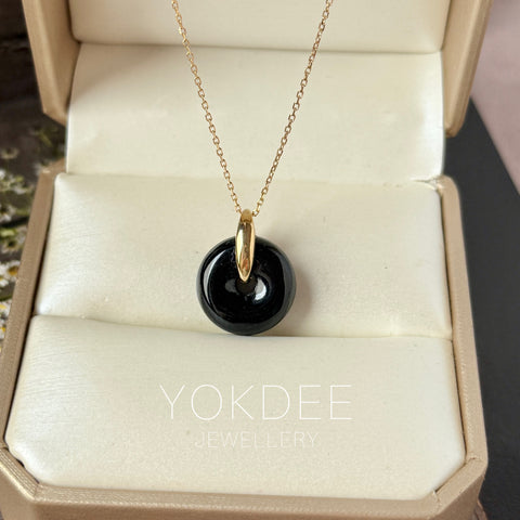 A-Grade Natural Black Jadeite Bagel Pendant (Gold Drop Bail) No. 172851