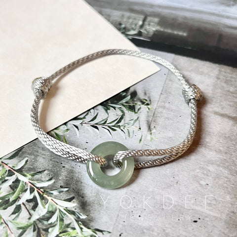 A-Grade Natural Bluish Green Jadeite Bagel on Infinity Silk Cord Bracelet No.190417