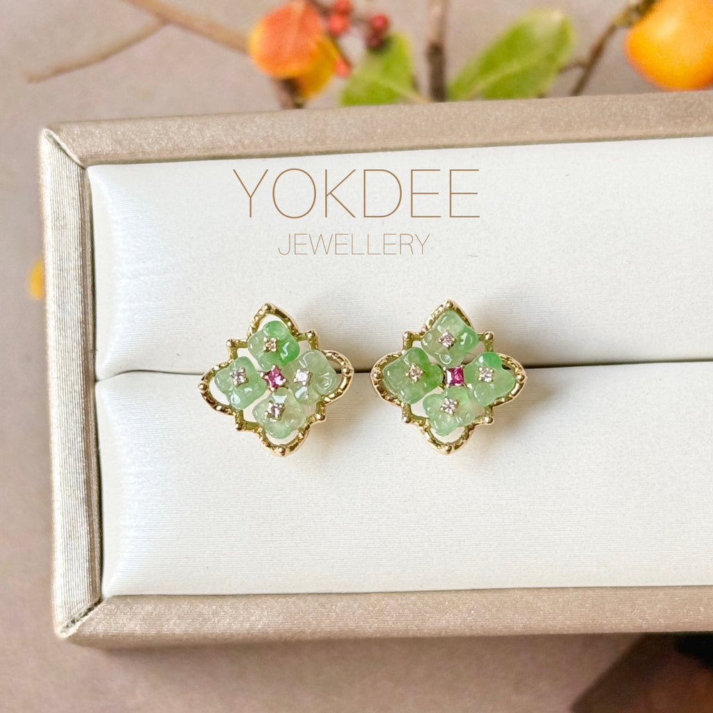 SOLD OUT: Icy A-Grade Natural Moss On Snow Jadeite Osmanthus Flower Stud Earrings No. 180932