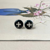 A-Grade Natural Black Jadeite Donut Stud Earrings (Lilac Flower) No. 180814