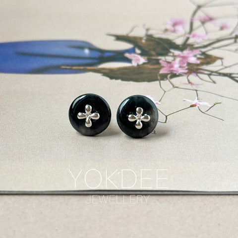 A-Grade Natural Black Jadeite Donut Stud Earrings (Lilac Flower) No. 180814