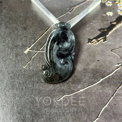 Icy A-Grade Black Jadeite Ruyi Pendant No. 172719