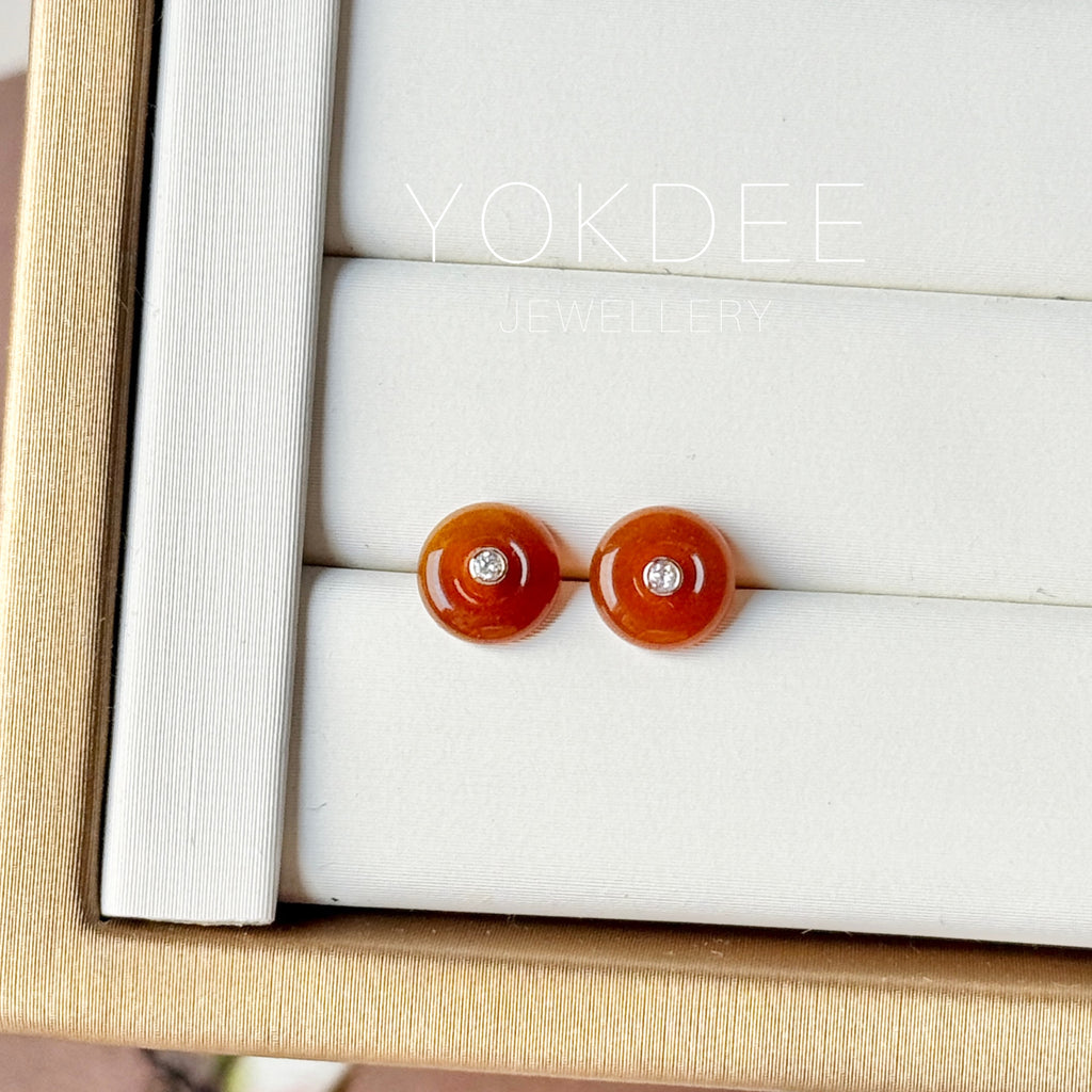 Icy A-Grade Natural Reddish Orange Jadeite Donut Stud Earrings No. 180900
