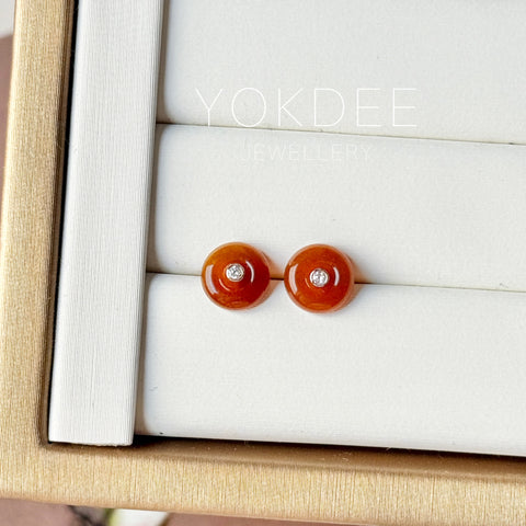 Icy A-Grade Natural Reddish Orange Jadeite Donut Stud Earrings No. 180900