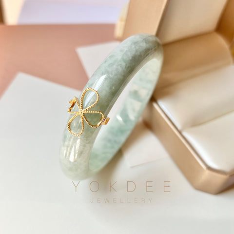 SOLD OUT: 58mm A-Grade Natural Light Green Jadeite Modern Round Bangle with M.Petals Embellishment No.151975