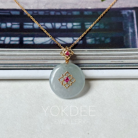 Icy A-Grade Natural Grey Jadeite Donut Peranakan Tile Pendant No.172927