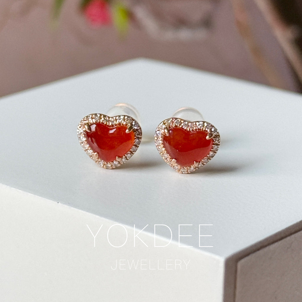 Icy A-Grade Natural Red Jadeite Heart Stud Earrings No. 180963