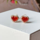 Icy A-Grade Natural Red Jadeite Heart Stud Earrings No. 180963