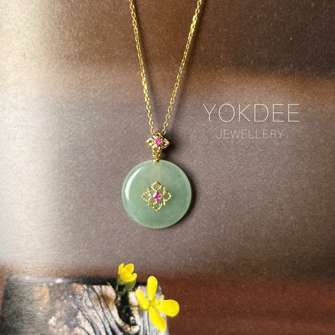 A-Grade Natural Sage Green Jadeite Donut Peranakan Tile Pendant No.172926