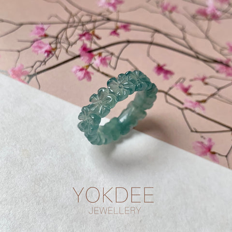 15.1mm Icy A-Grade Natural Bluish Green Jadeite Plum Blossom Ring Band No.162590