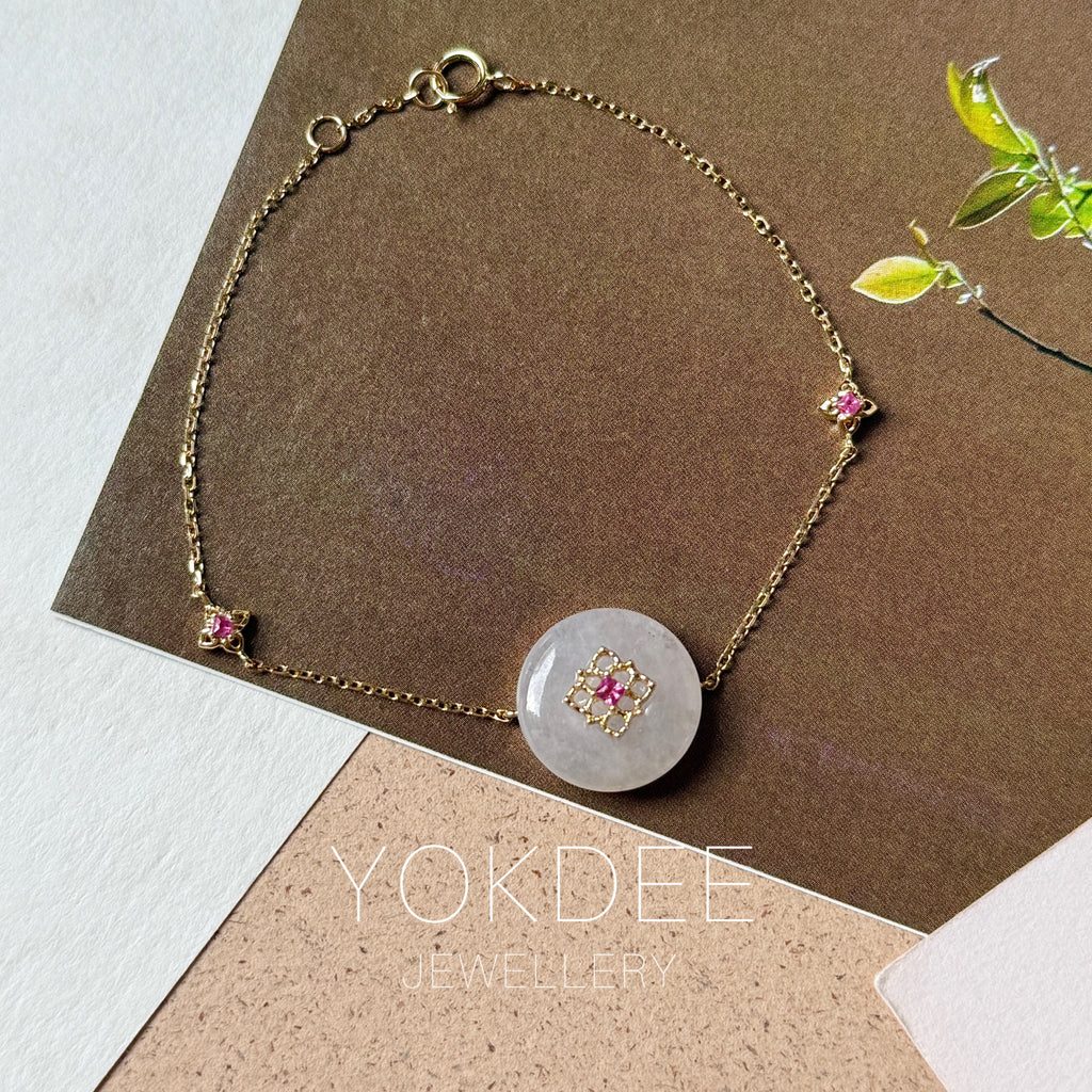Icy A-Grade Natural Light Pink Jadeite Donut Peranakan Tile Bracelet No.190504