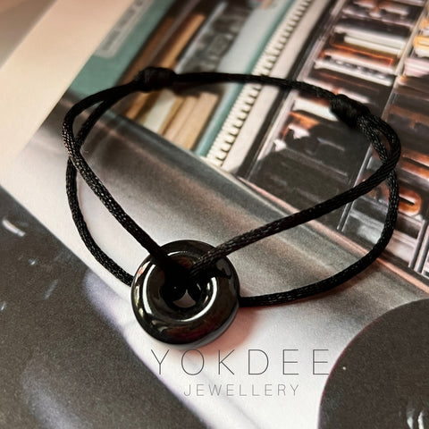 SOLD OUT: A-Grade Natural Black Jadeite Bagel on Infinity Silk Cord Bracelet No.190427