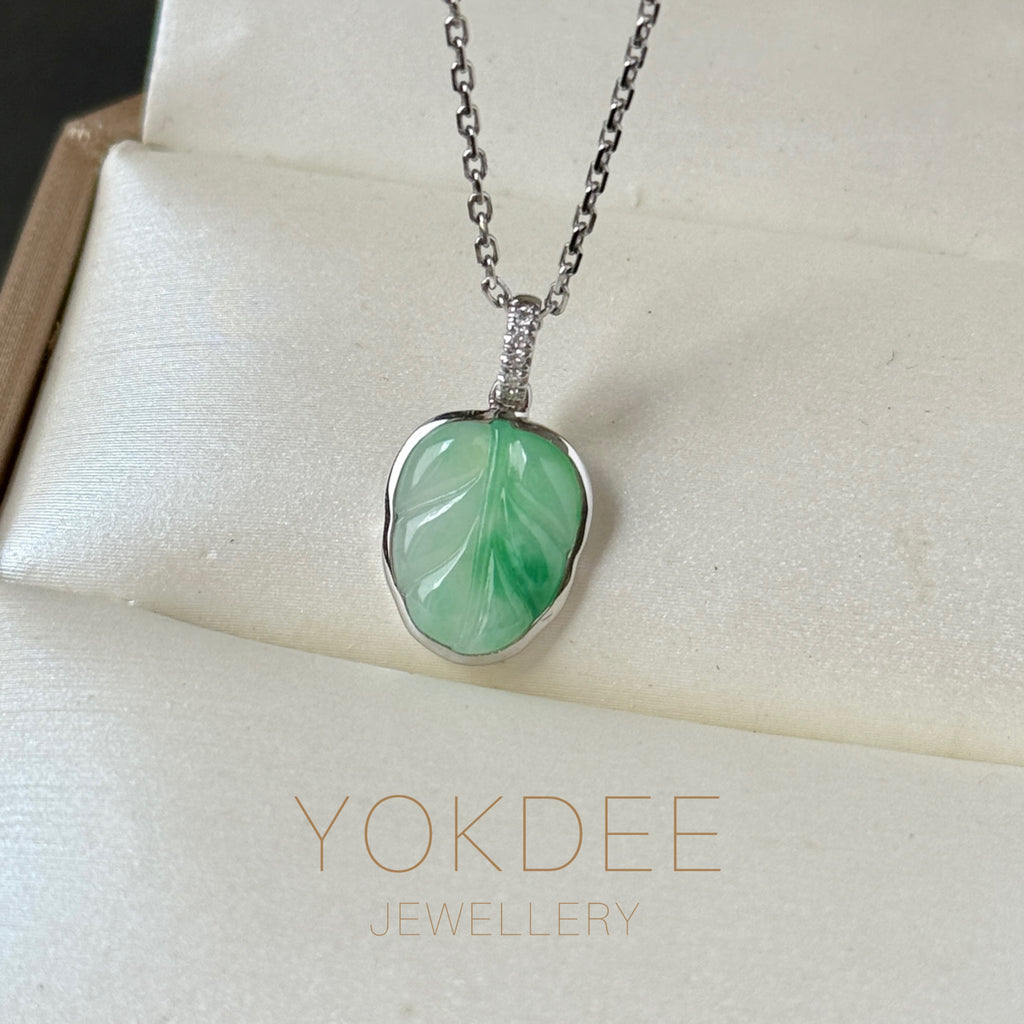A-Grade Natural Moss On Snow Jadeite Leaf Pendant No. 172842
