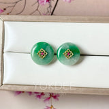 A-Grade Natural Green Jadeite Donut Peranakan Tile Stud Earrings No. 180931