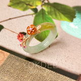 17.2mm A-Grade Natural Bluish Floral Yellow Jadeite Joseon Ring (Red Sakura Flower) No.162580