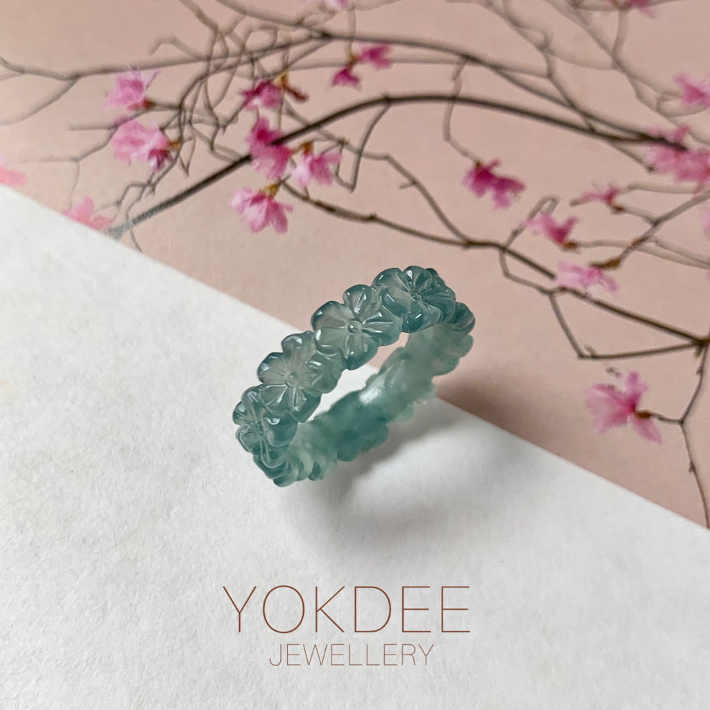 16mm Icy A-Grade Natural Bluish Green Jadeite Plum Blossom Ring Band No.162589