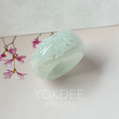 17.9mm A-Grade Natural Light Green Jadeite Joseon Ring Band With Sakura Flowers Carving No.162592