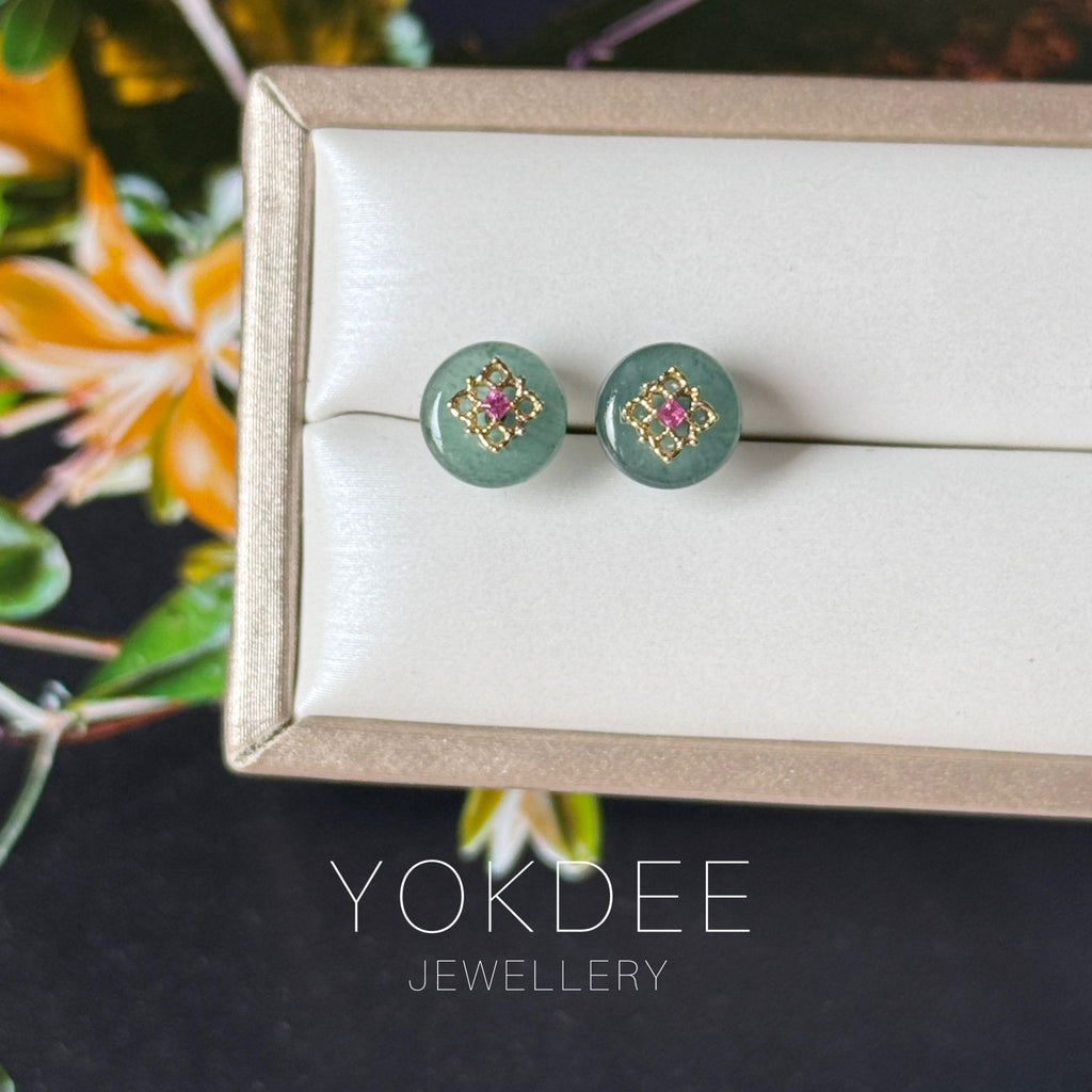 SOLD OUT: Icy A-Grade Natural Deep Indigo Jadeite Donut Peranakan Tile Stud Earrings No. 180940