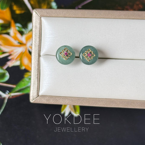 Icy A-Grade Natural Deep Indigo Jadeite Donut Peranakan Tile Stud Earrings No. 180940